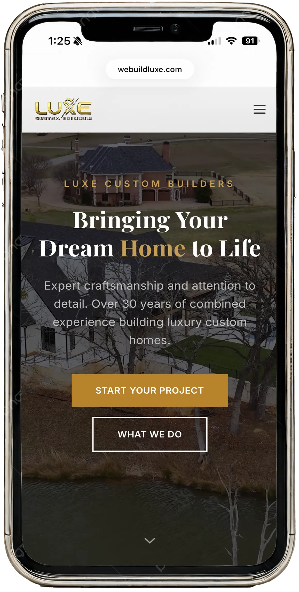 LUXE Custom Builders website on mobile